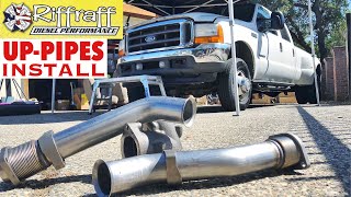 2001 F350 73  RiffRaff UpPipes Install  Stock up pipes leaking and falling apart JUNK SP [upl. by Naujek]